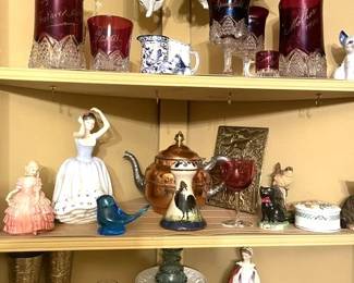 Royal Doulton Figurines, EAPG Ruby Souvenir Glass, Christmas Ornament & More.