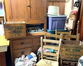 Antique 8 Drawer Setpback Cupboard, more Advertising Wood Crates and set of 4 matching Ladder Back Chairs