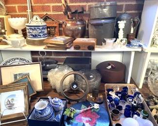 German Flow Blue Salt Crock, Cobalt Blue Glass, Childrens Dishes and much more