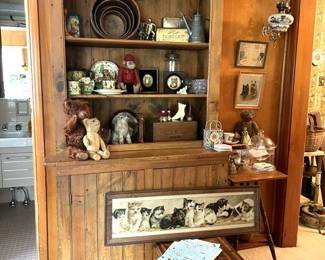Wonderful Open Shelf Cupboard full of Stuffed Animals, Graniteware, Trinkets & Treasures.