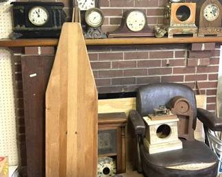 Multiple areas of Antique Clocks, Clock Parts and Pieces.