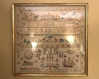 1800's Handmade Sampler...Note all the Animals...a rare piece of Folk Art.