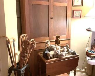 Very Large Walnut Wood Corner Cabinet, Tea Cart, Wrought Iron Cane & Umbrella Stand.