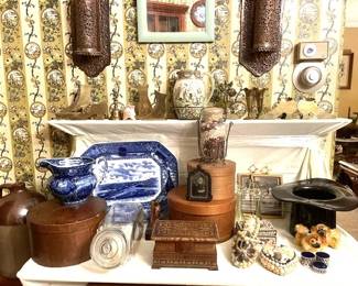 Treasures are everywhere....Flow Blue China, Firkins, Folk Art, Brass & a Black Glass Hat Ice Bucket.