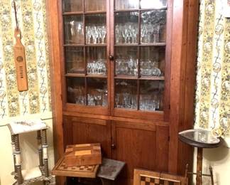Number 2 Large Antique Walnut Wood Corner Cabinet with Glass Panel Doors.