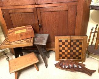 Primitive and Hand Made Wood Checker Boards, Stools & Boxes...this is just a sampling.