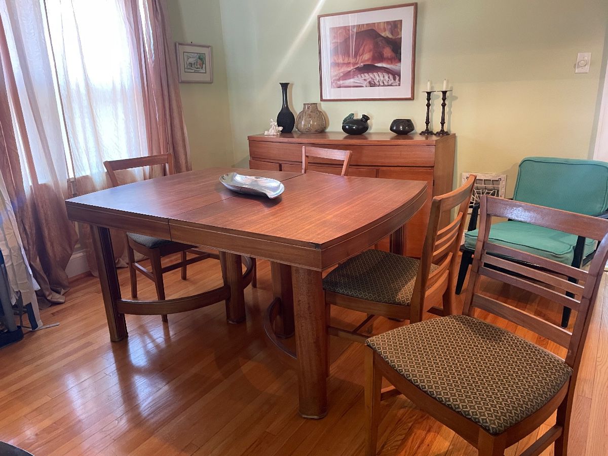 $725.00 - Mid-Century Modern Wooden Dining Table with 4 Matching Slat-Back Upholstered Chairs