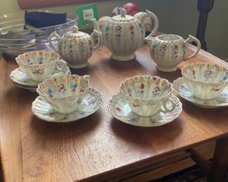 $75.00 - Vintage Floral Porcelain Tea Set, Teapot, Creamer, Cups & Saucers with Gold Trim