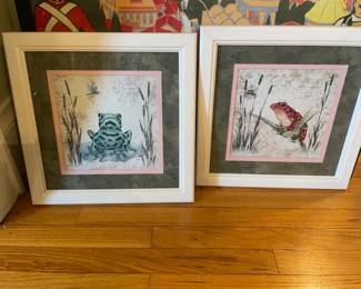 $40.00 - Pair of Framed Frog & Dragonfly Botanical Prints, Whimsical Pond Art