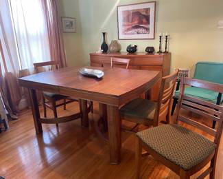 $725.00 - Mid-Century Modern Wooden Dining Table with 4 Matching Slat-Back Upholstered Chairs