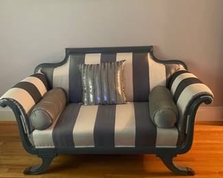 $395.00 - Hollywood Regency Black & Ivory Striped Loveseat/Settee with Paw Feet