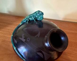 $95.00 - P. Mateos Mexico Blackware Pottery Vessel Adorned with A Sculpted Green Iguana and Etched Geometric Patterns