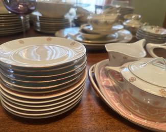 $190.00 - Hutschenreuther Selb Bavaria "Cacilie" Pattern Fine Porcelain Tea Set. Includes: Tray, Sugar, Creamer, Tea Kettle, 4 Cups, and12 White Porcelain Saucers with Metallic Gold Rims