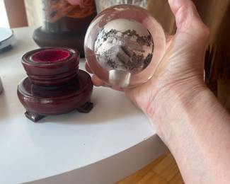 $45.00 - Chinese Reverse-Painted Glass Crystal Ball with Wooden Stand