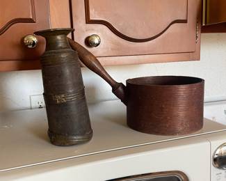 $45.00 - Antique Primitive Bentwood Grain Dry Measure Scoop, Long Wood Handle