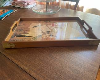 $24.00  - Vintage Made in Taiwan Wooden Serving Tray, Asian Swan Design & Brass Accents 