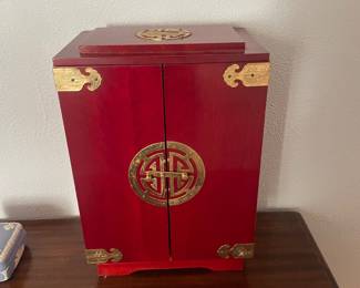 $48.00 - Red Asian-Style Wooden Jewelry Armoire Cabinet