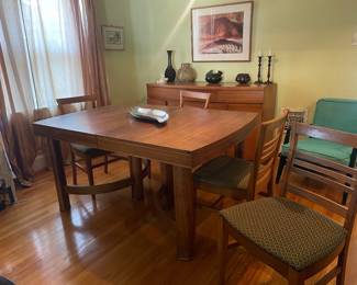 $725.00 - Mid-Century Modern Wooden Dining Table with 4 Matching Slat-Back Upholstered Chairs