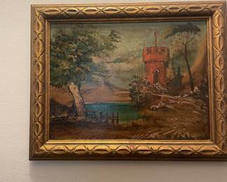 $68.00 - Vintage Original Oil on Canvas Castle & Lake Landscape, Ornate Gold Frame