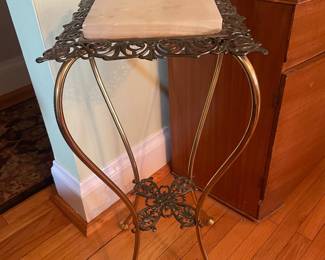 $65.00 - Vintage Brass & Ornate Cast Metal Plant Stand with Marble Top