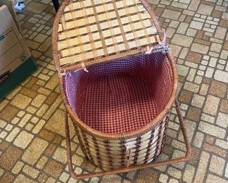 $18.00 - Vintage Woven Wicker Picnic Basket with Gingham Lining & Double Lid