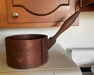 $45.00 - Antique Primitive Bentwood Grain Dry Measure Scoop, Long Wood Handle
