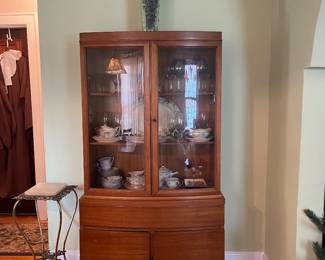 $425.00 - MCM Wood Bowfront China Cabinet and Hutch With Curved Glass Doors and Lower Cabinet Storage
