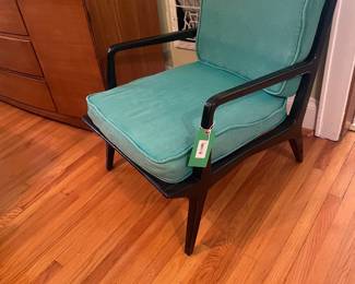 $195.00 - MCM Lounge Armchair With Black Ebonized Finished Frame and Turquoise Corduroy Cushions