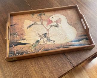 $24.00  - Vintage Made in Taiwan Wooden Serving Tray, Asian Swan Design & Brass Accents 