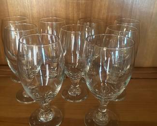 $10.00/Set - 9 Clear Glass Water Goblets with Short, Flared Stemmed Bases