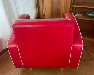 $295.00 - Vintage Mid-Century Red Vinyl Lounge Chair with White Piping - Retro