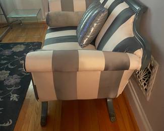 $395.00 - Hollywood Regency Black & Ivory Striped Loveseat/Settee with Paw Feet
