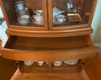 $425.00 - MCM Wood Bowfront China Cabinet and Hutch With Curved Glass Doors and Lower Cabinet Storage
