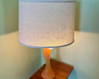 $80.00 - MCM Orange Glass Table Lamp with An Asymmetrical Curved Base and Fabric Drum Shade