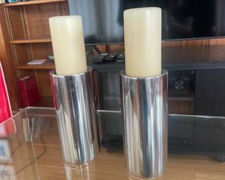 $35.00 - Pair of Crate & Barrel Vassa Large Silver Pillar Candle Holders with Candles
