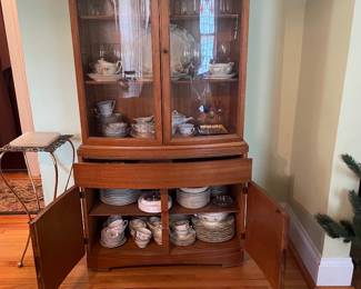 $425.00 - MCM Wood Bowfront China Cabinet and Hutch With Curved Glass Doors and Lower Cabinet Storage
