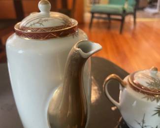 $55.00 - Vintage Japanese Kutani Bamboo Porcelain Coffee/Tea 9 Piece Set *Chip on Teapot Spout*