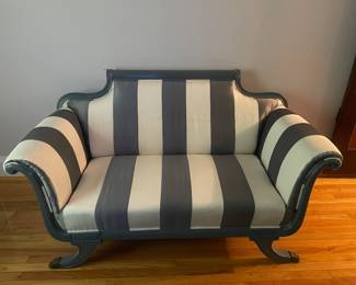 $395.00 - Hollywood Regency Black & Ivory Striped Loveseat/Settee with Paw Feet