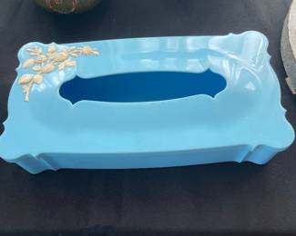 $22.00 - Mid-Century Turquoise Plastic Tissue Box Covered with Roses & Bow