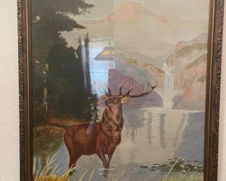 $75.00 - Vintage Signed Stag & Mountain Landscape Painting in Antique Frame