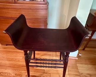 $200.00 - Bustle Bench/Egyptian Revival Stool Antique Vanity Stool With Curved Saddle Seat and Spool-Turned Bobbin Stretchers