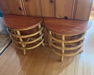 $65.00 - Pair of Vintage Rattan Bamboo Demilune Half-Moon Side Tables