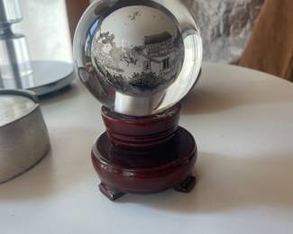 $45.00 - Chinese Reverse-Painted Glass Crystal Ball with Wooden Stand