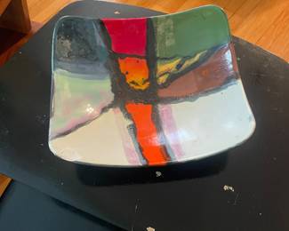 $25.00 - Signed Handmade Fused Art Glass Abstract Bowl/Platter *Chip in Corner*