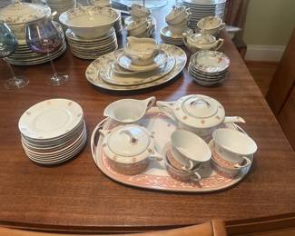$190.00 - Hutschenreuther Selb Bavaria "Cacilie" Pattern Fine Porcelain Tea Set. Includes: Tray, Sugar, Creamer, Tea Kettle, 4 Cups, and12 White Porcelain Saucers with Metallic Gold Rims