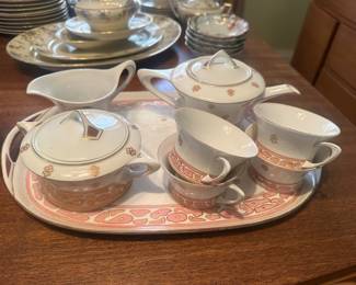 $190.00 - Hutschenreuther Selb Bavaria "Cacilie" Pattern Fine Porcelain Tea Set. Includes: Tray, Sugar, Creamer, Tea Kettle, 4 Cups, and12 White Porcelain Saucers with Metallic Gold Rims
