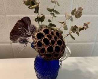 $14.00 - Small Blue Glass Pitcher Vase with Dried Arrangement