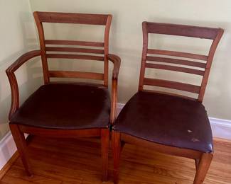 $100.00/Both - Mid-Century Wooden Slat-Back/Ladder-Back Dining Chairs With Dark Upholstered Seats