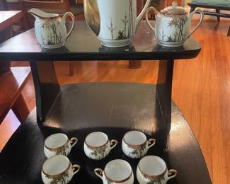 $55.00 - Vintage Japanese Kutani Bamboo Porcelain Coffee/Tea 9 Piece Set *Chip on Teapot Spout*