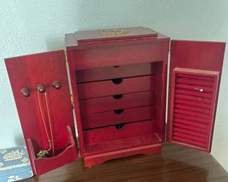 $48.00 - Red Asian-Style Wooden Jewelry Armoire Cabinet